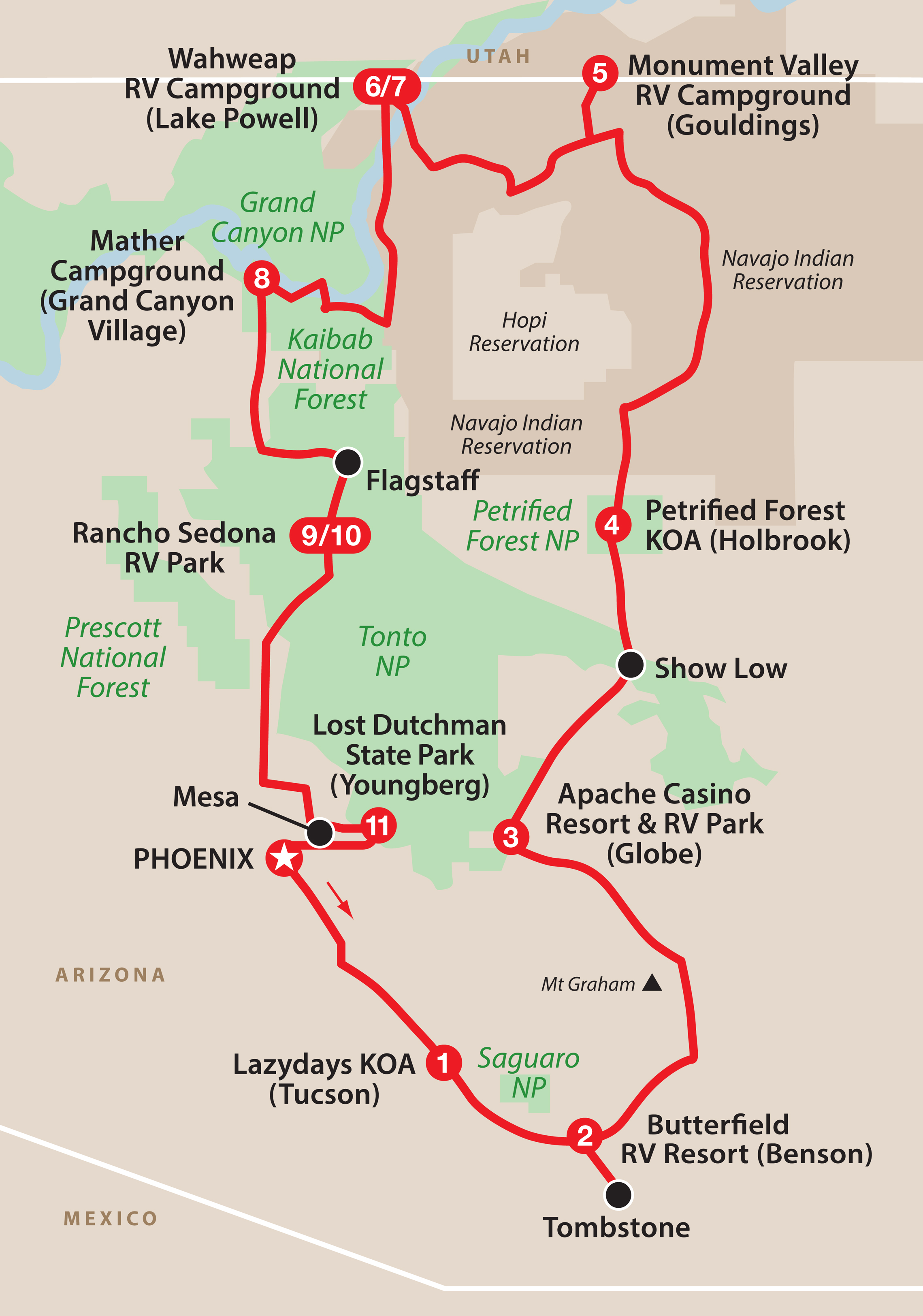 Mapa ruta Arizona - Red Rocks & Canyons